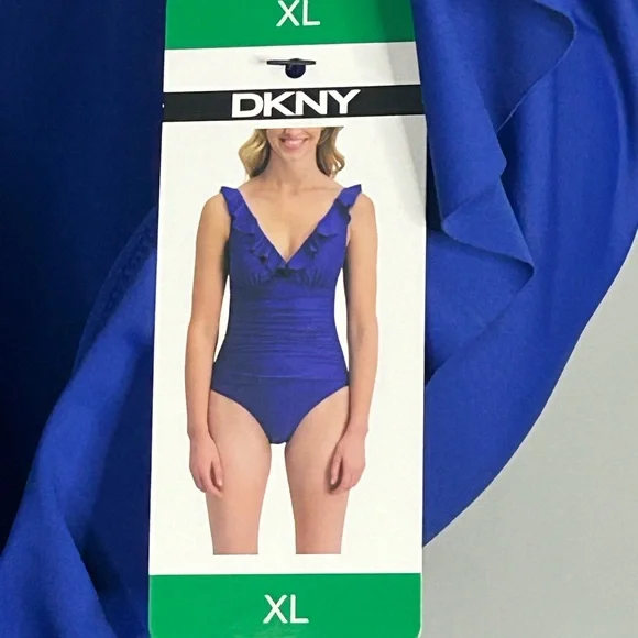DKNY Blue Ruffle One Piece Swimsuit Ruched Tummy Control Size XL NWT - Picture 4 of 8